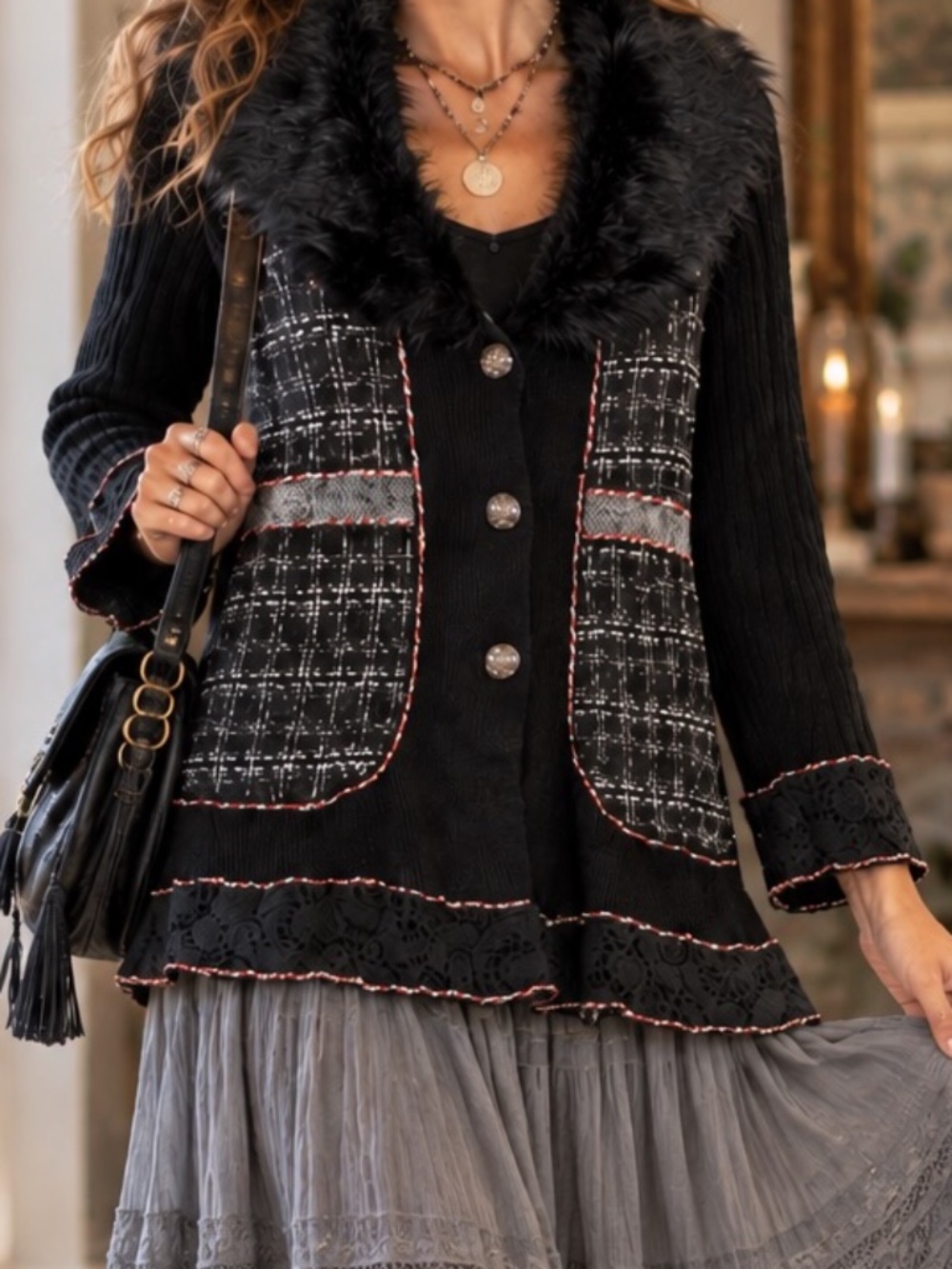 Sioni Cardigan Sweater Womens Size Large Black Faux Fur Collar Wool Blend Patchw